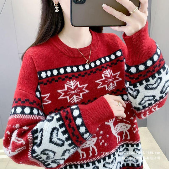 Damen Grobstrickpullover mit festlichem Rentiermotiv und modernem Design R&B