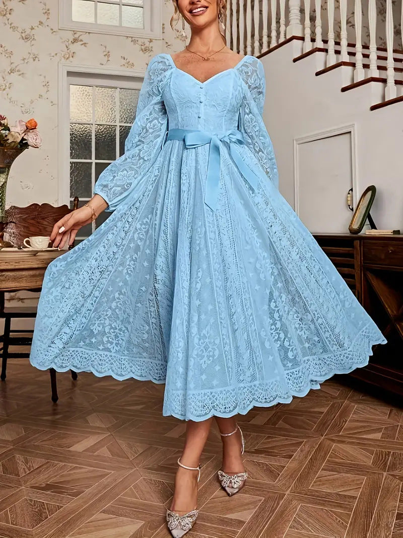 Damen Elegantes Spitze Midi-Kleid mit puffärmel und Taillenbindung R&B