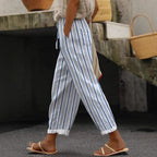 Damen Weite Leinenhose mit handgewtem Muster