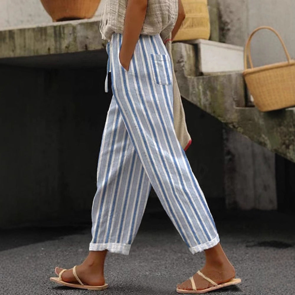 Damen Weite Leinenhose mit handgewtem Muster