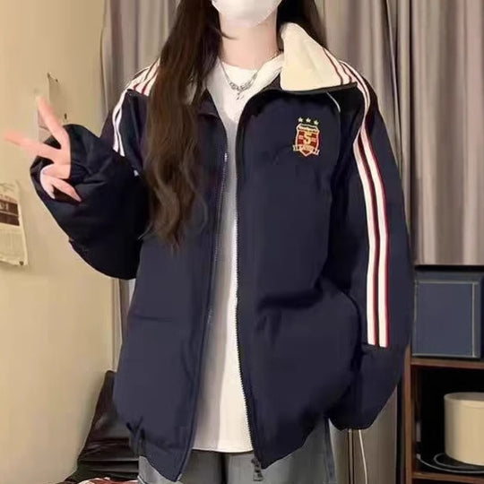 Damen Sportliche Pufferjacke mit kontrastierenden Streifen und hohem Kragen R&B