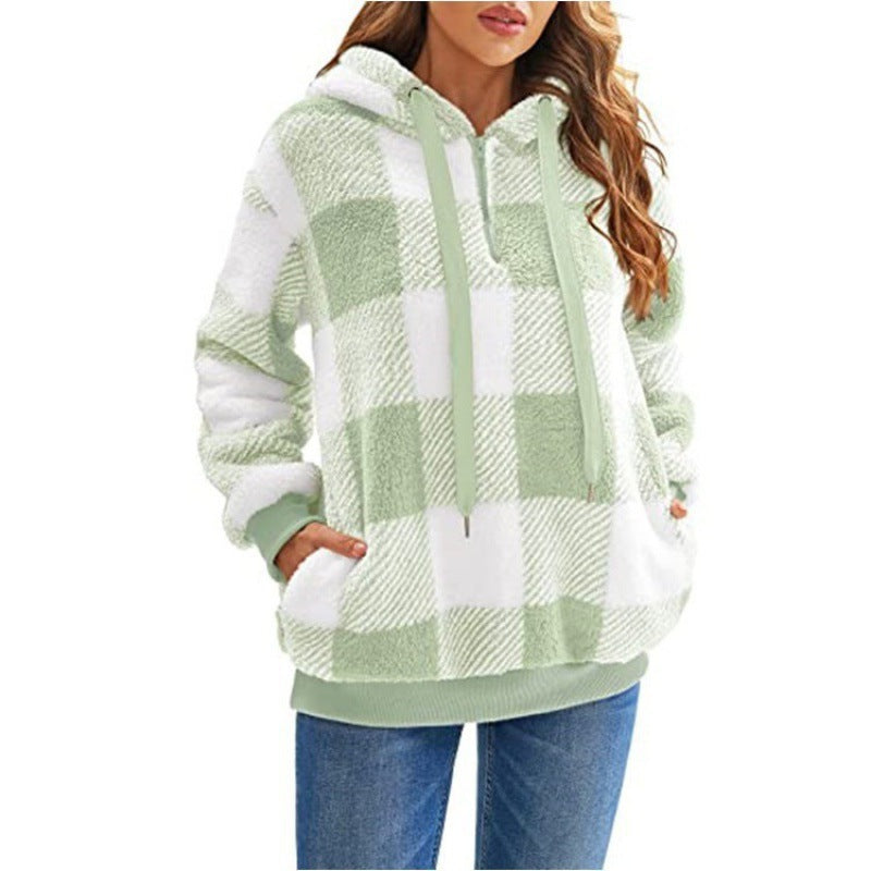 Damen kuschelige Karo-Hoodiejacke mit Reißverschluss und Kängurutasche R&B