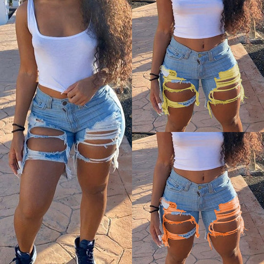 Damen Jeans-Shorts mit modischen Destroyed-Details und fransigen Säumen R&B