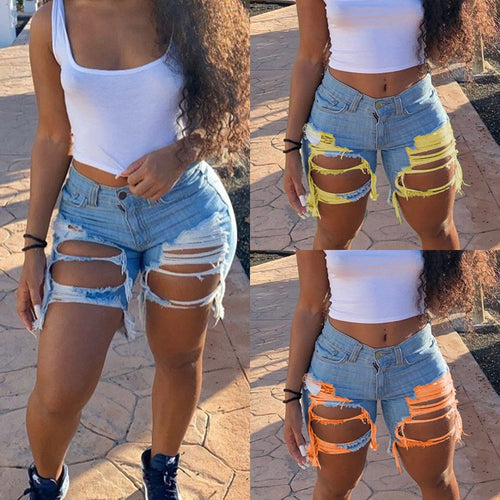 Damen Jeans-Shorts mit modischen Destroyed-Details und fransigen Säumen R&B