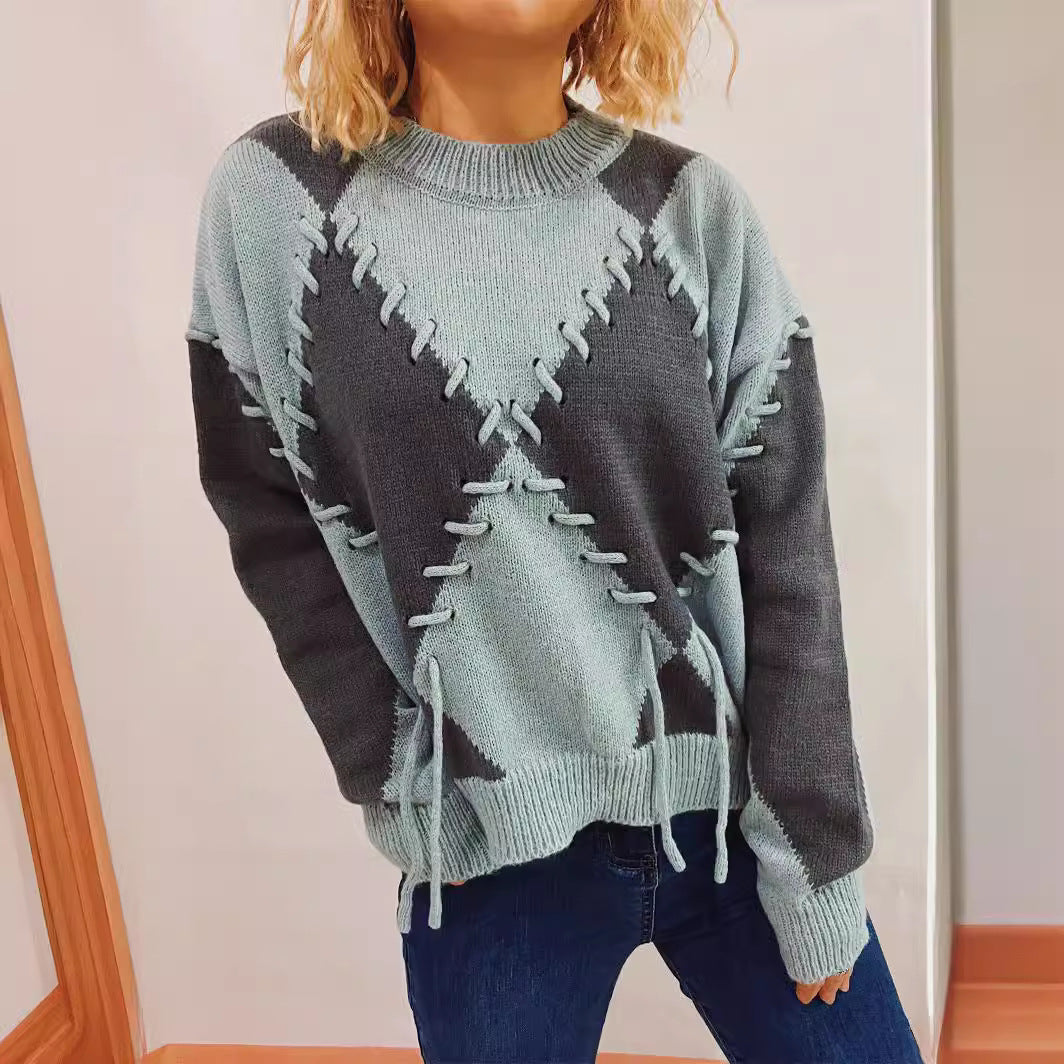 Damen gemütlicher Strickpullover mit auffälligem Design und modernen Schnürdetails R&B