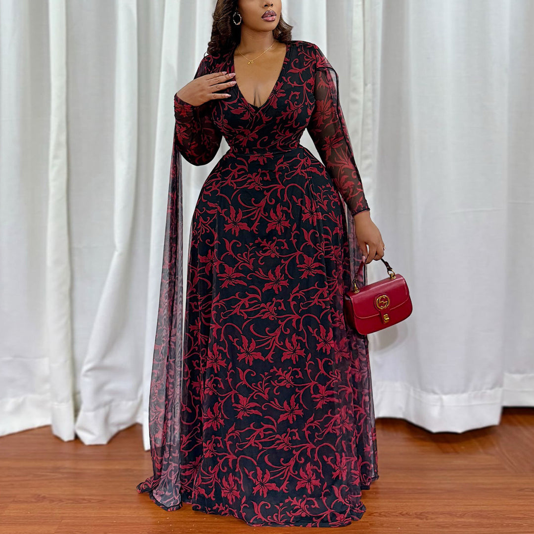 Damen Maxikleid mit floralem Transparentdesign und eleganten Ärmeln R&B