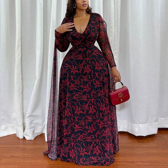 Damen Maxikleid mit floralem Transparentdesign und eleganten Ärmeln R&B