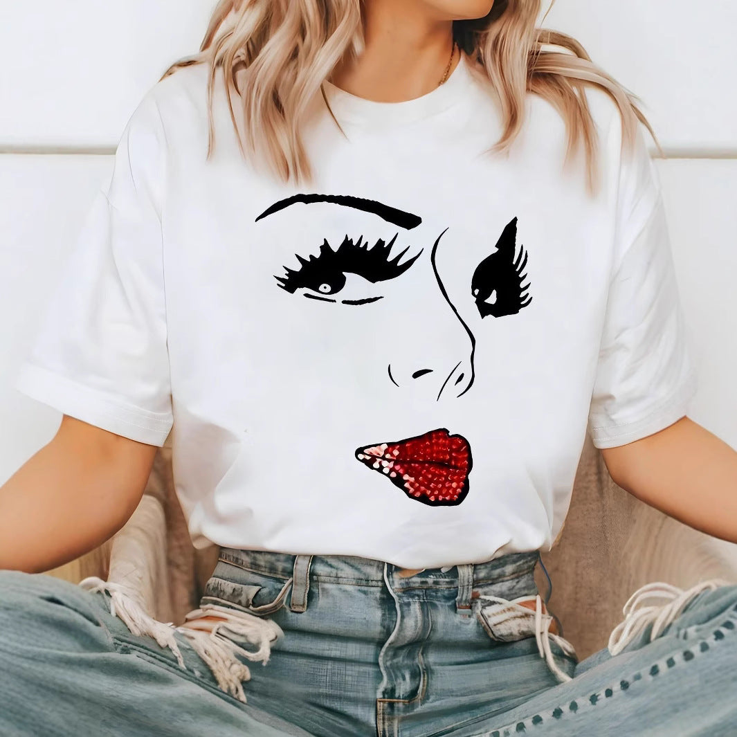 Damen T-Shirt mit kreativem Grafikdruck und luxuriösen Paillettenakzenten R&B