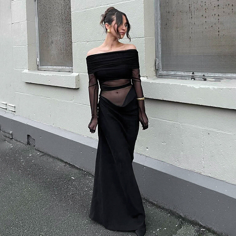 Damen Maxikleid mit schulterfreiem Design und fließendem Stoff R&B