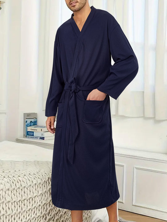 Herren nan leichter Baumwoll-Kimonobademantel mit Waffelstruktur und aufgesetzten Taschen R&B