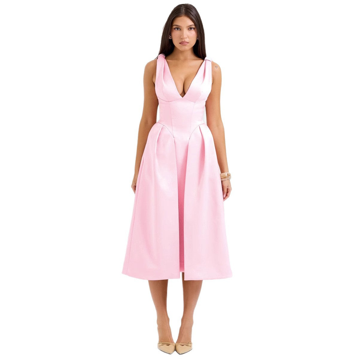 Damen Elegantes Wickelkleid mit tiefem V-Ausschnitt und schwingendem Rock EB