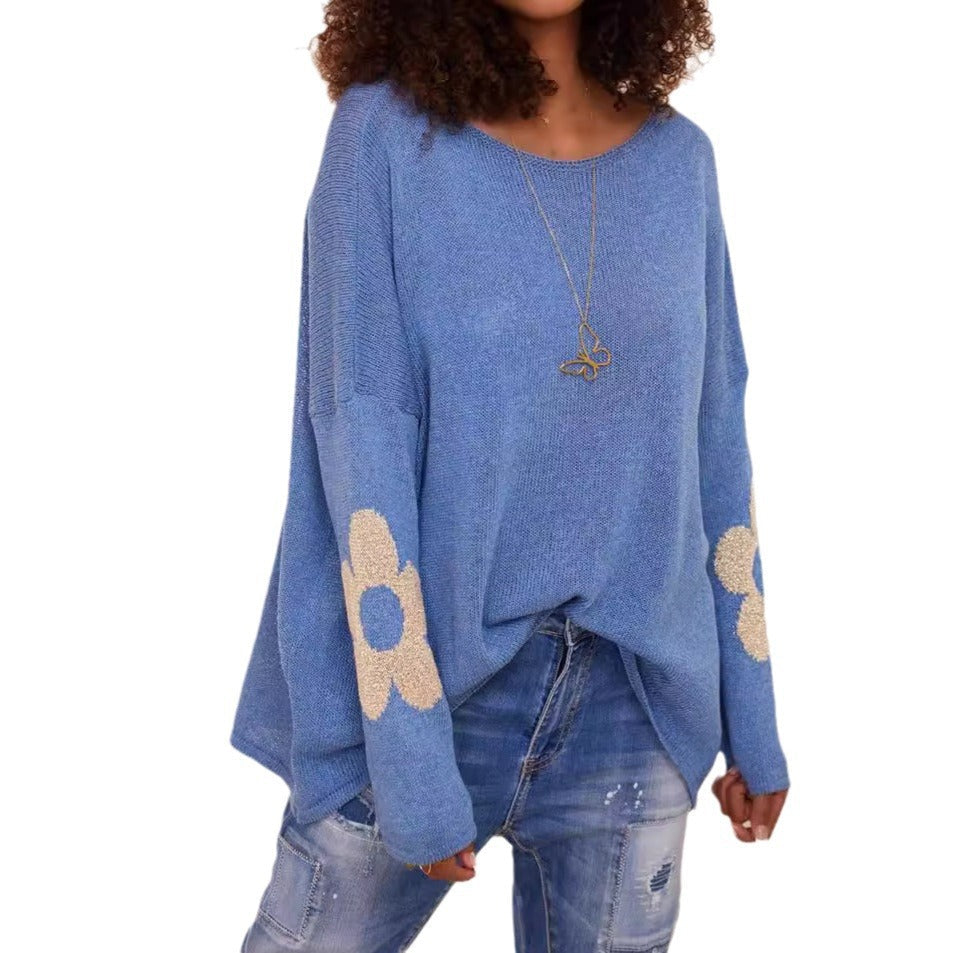 Damen grob gestrickter Pullover mit floralem Design und weitem Schnitt R&B