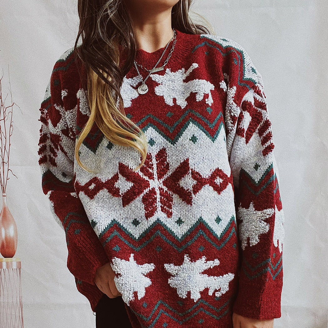 Damen festlicher Strickpullover mit weihnachtlichem Design und hohem Kragen R&B