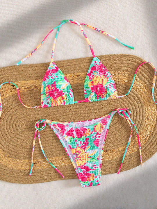 Damen Triangel-Bikini mit buntem Blumenmuster und verstellbarem Bindeband R&B