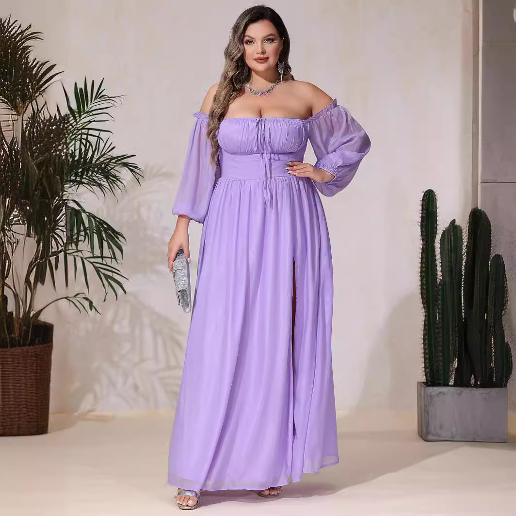 Damen Off-Shoulder Maxikleid mit hohem Schlitz und Rüschendetails R&B