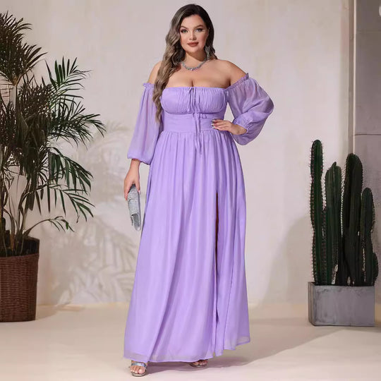 Damen Off-Shoulder Maxikleid mit hohem Schlitz und Rüschendetails R&B