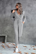 Damen Lässiger Langarm-Jumpsuit mit Wickeloberteil und elastischem Bund R&B