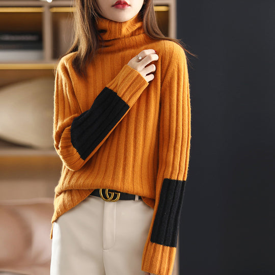 Damen Grob gestrickter Rollkragenpullover mit modischem Streifenmuster R&B