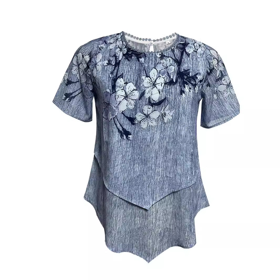 Damen nan zweilagiges Blusenkleid mit asymmetrischem Stufensaum, floraler Druckpasse und Flügelärmeln R&B