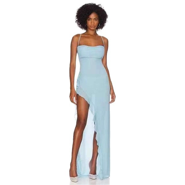 Damen elegantes Maxi-Kleid mit verführerischem Scherenschnitt und trägerlosem Design R&B