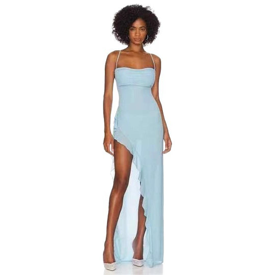 Damen elegantes Maxi-Kleid mit verführerischem Scherenschnitt und trägerlosem Design R&B