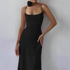 Damen Elegantes Bodenkotan Maxi-Kleid mit schmalen Spaghetti-Trägern und tiefem Ausschnitt R&B