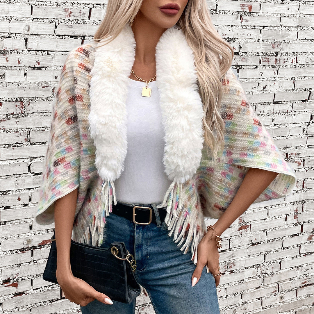 Damen eleganter Poncho mit luxuriösem Kunstfellkragen und Fransen R&B