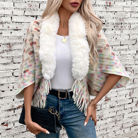 Damen eleganter Poncho mit luxuriösem Kunstfellkragen und Fransen R&B