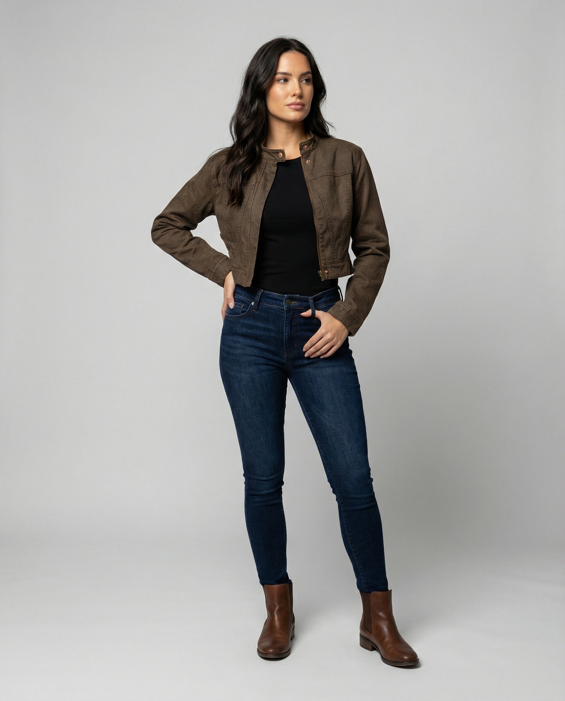 Damen Retro Wildleder Jacke Slim Fit Braun Kurz Biker