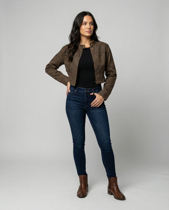 Damen Retro Wildleder Jacke Slim Fit Braun Kurz Biker