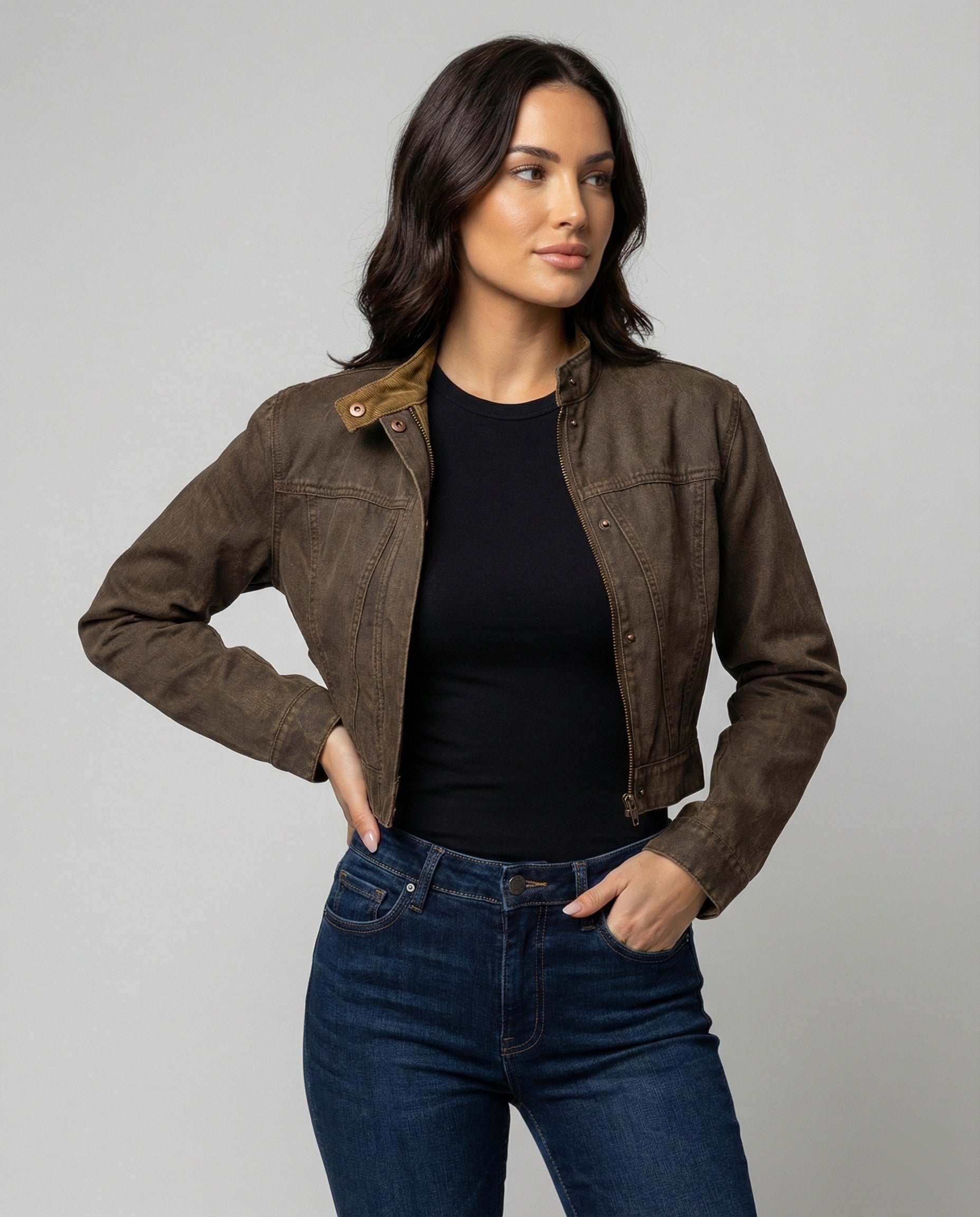 Damen Retro Wildleder Jacke Slim Fit Braun Kurz Biker