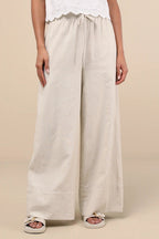 Damen Weite Leinenhose mit elastischem Bund und seitlichen Taschen R&B