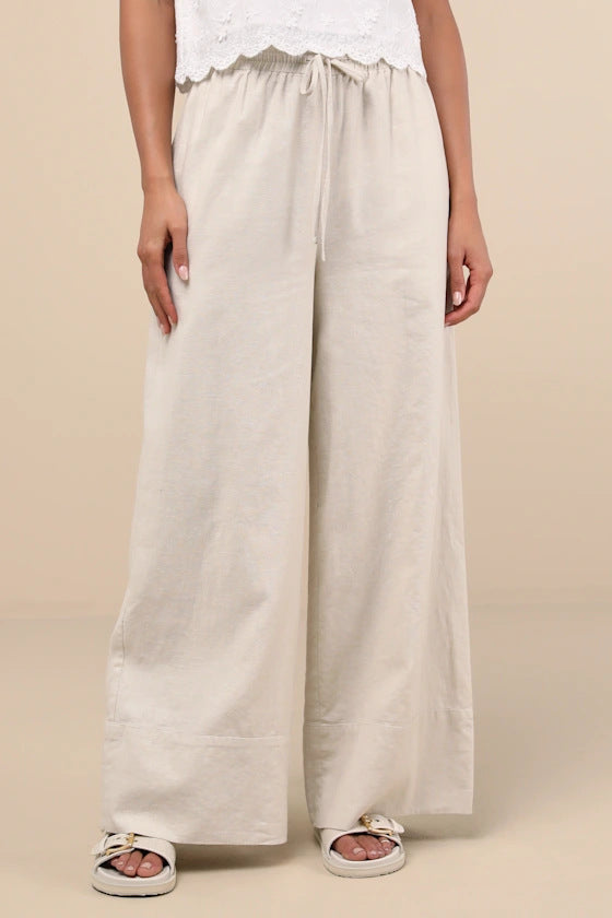 Damen Weite Leinenhose mit elastischem Bund und seitlichen Taschen R&B