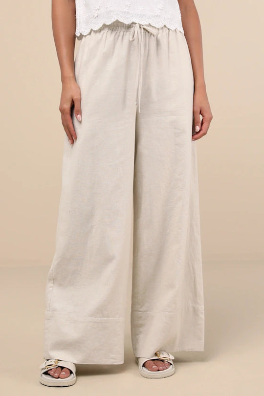 Damen Weite Leinenhose mit elastischem Bund und seitlichen Taschen R&B