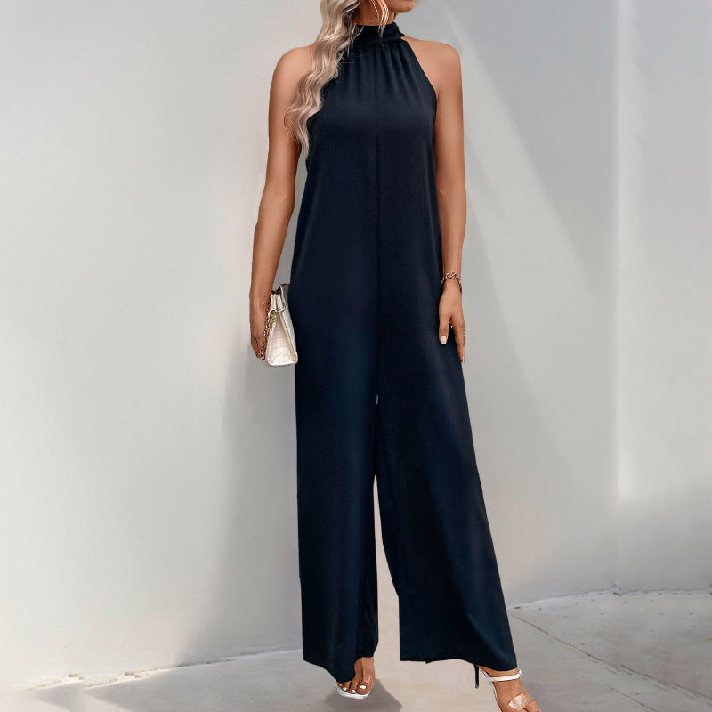Damen eleganter Jumpsuit mit hohem Kragen und weitem Bein R&B