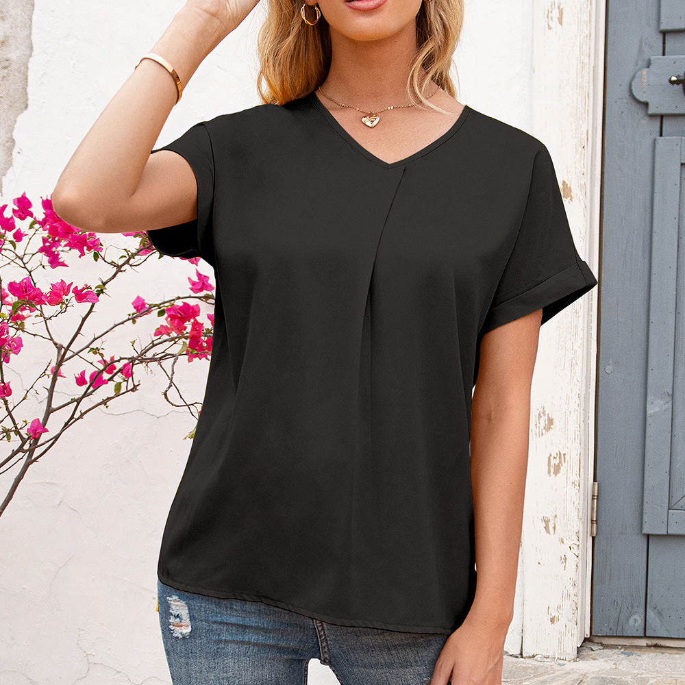 Damen elegantes V-Ausschnitt Bluse mit Falten und seitlichen Schlitzen R&B