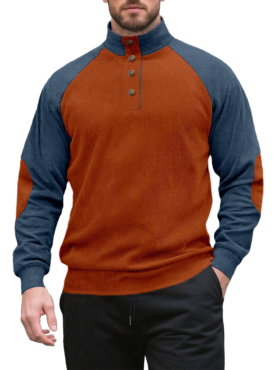 Herren nan zweifarbiger Ripptroyer mit asymmetrischer Knopfleiste und Velours-Ellbogenpatch R&B