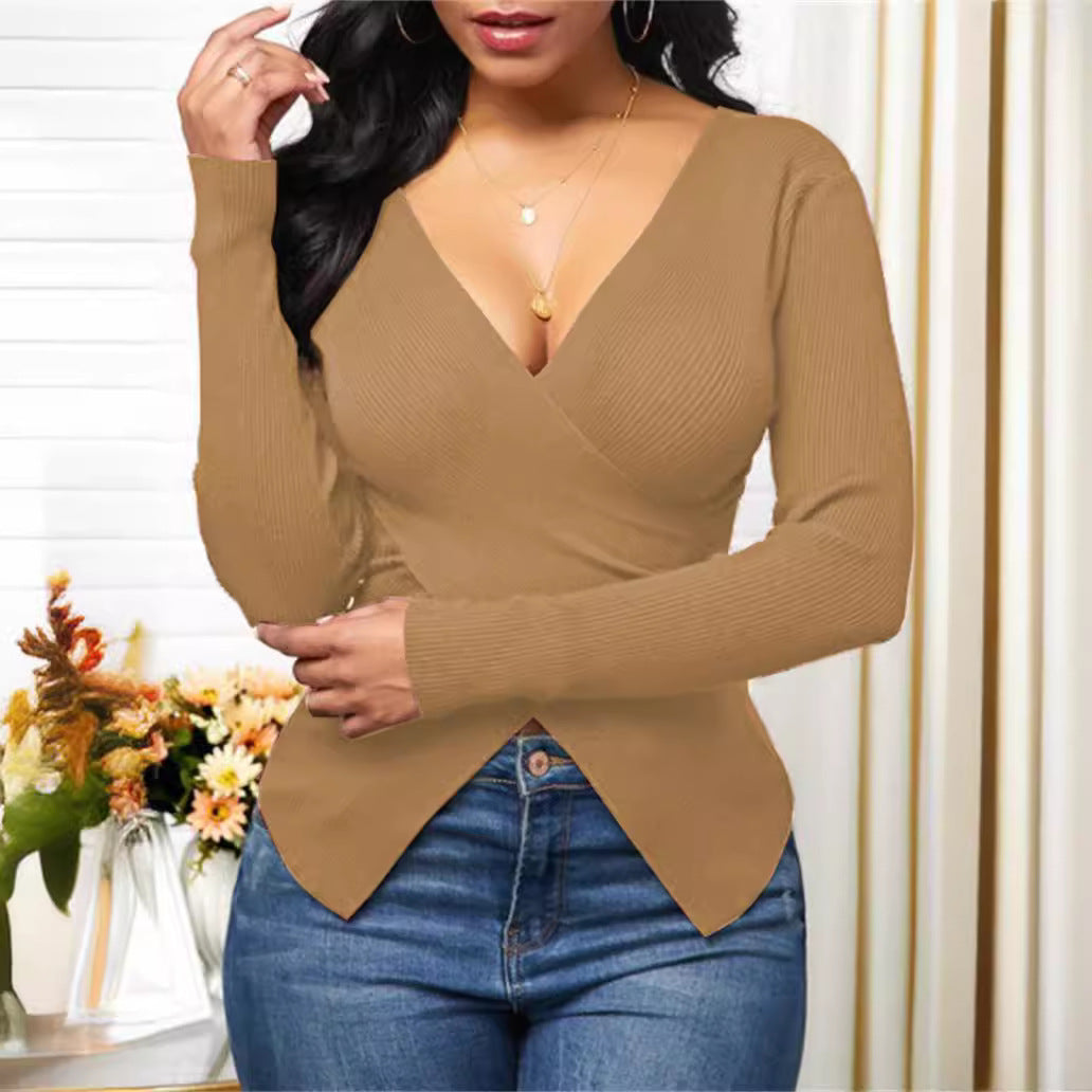 Damen Wickeloberteil mit tiefem V-Ausschnitt und feinem Rippdesign R&B