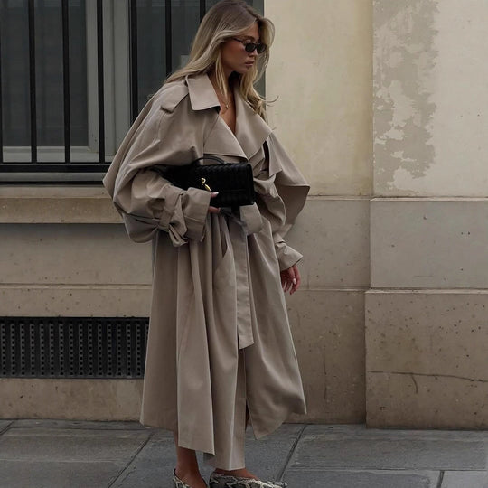 Damen Übergröße Trenchcoat mit voluminösen Ärmeln und taillierter Schnürung R&B