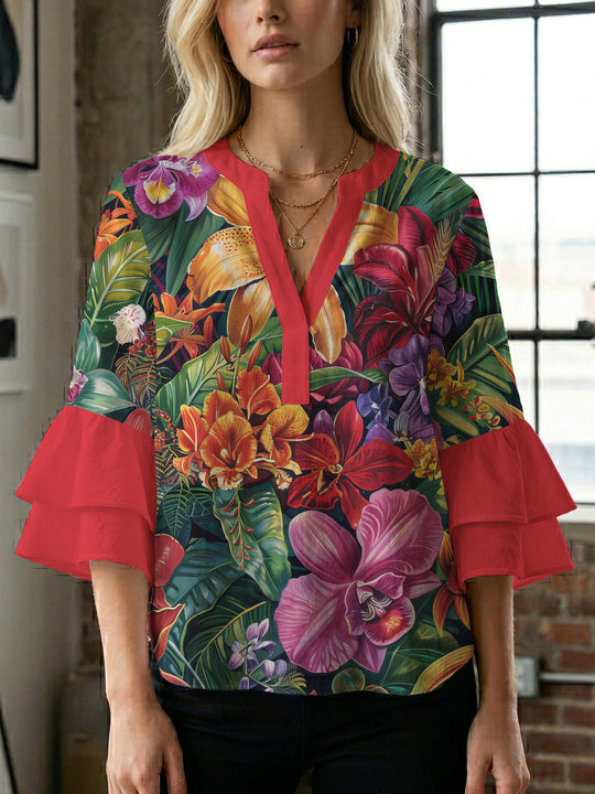 Damen Bluse mit voluminösen Rüschenärmeln und floralem Muster R&B