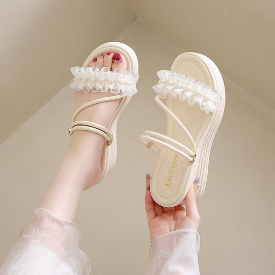 Damen Wedge-Sandalen mit Rüschen und Perlenverzierung R&B