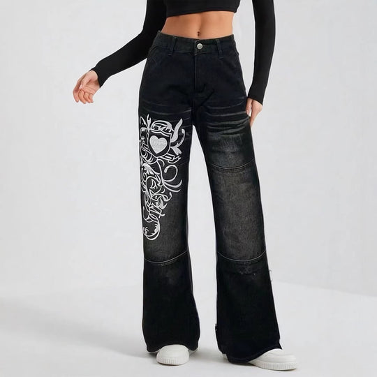 Damen weite Jeans mit kunstvollem Aufdruck R&B