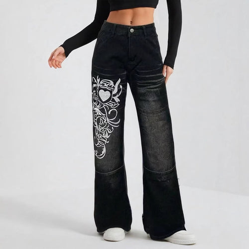 Damen weite Jeans mit kunstvollem Aufdruck R&B