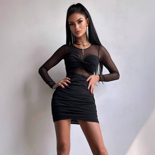 Damen figurbetontes Kleid mit langem Arm und raffiniertem Verknotungsdetail R&B