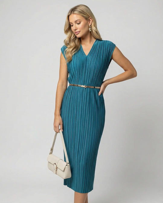 Damen plissiertes Midikleid mit V-Ausschnitt, Cap-Ärmeln und schmalem Taillengürtel R&B