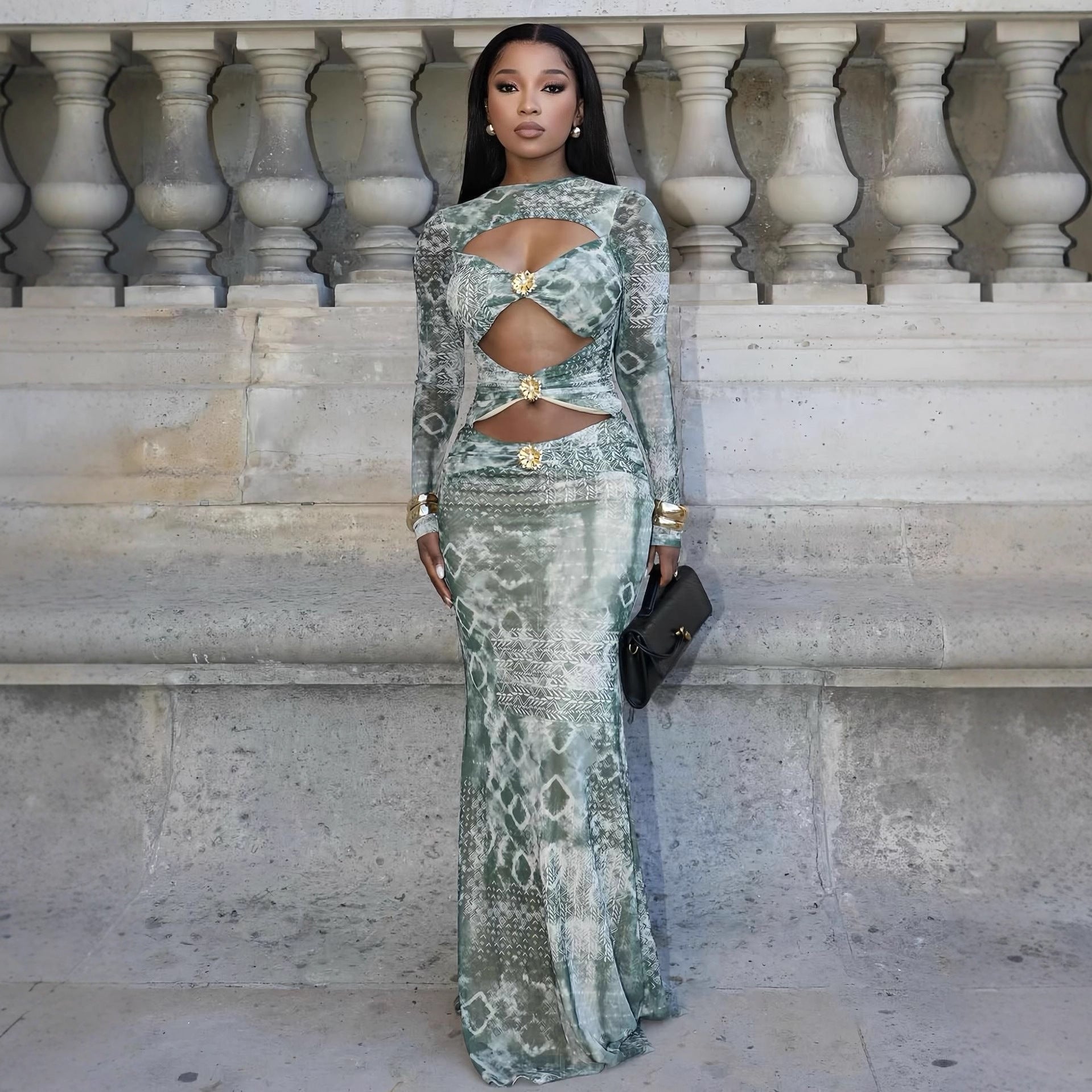 Damen Maxikleid mit transparenten Einsätzen und raffinierten Rüschendetails R&B