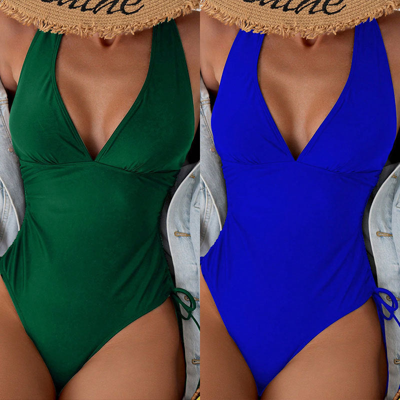 Damen Eleganter V-Ausschnitt Badeanzug mit seitlichen BindR&Bändern R&B