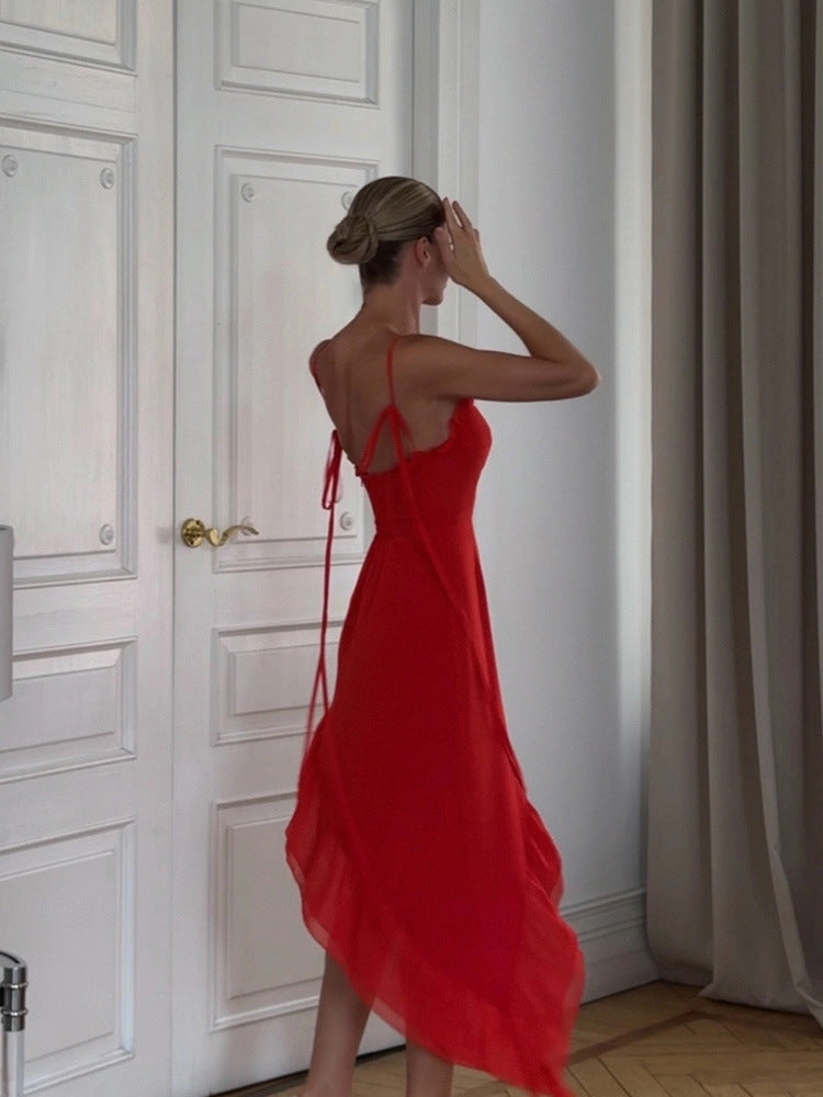 Damen asymmetrisches Abendkleid mit Rüschendetails und Spaghetti-Trägern R&B