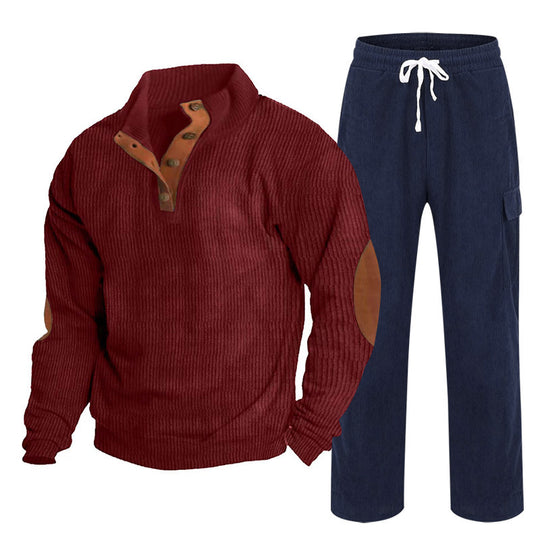 Herren nan strukturiertes Feinstrick-Halbknopf-Pullover und Feincord-Cargo-Zweiteiler R&B