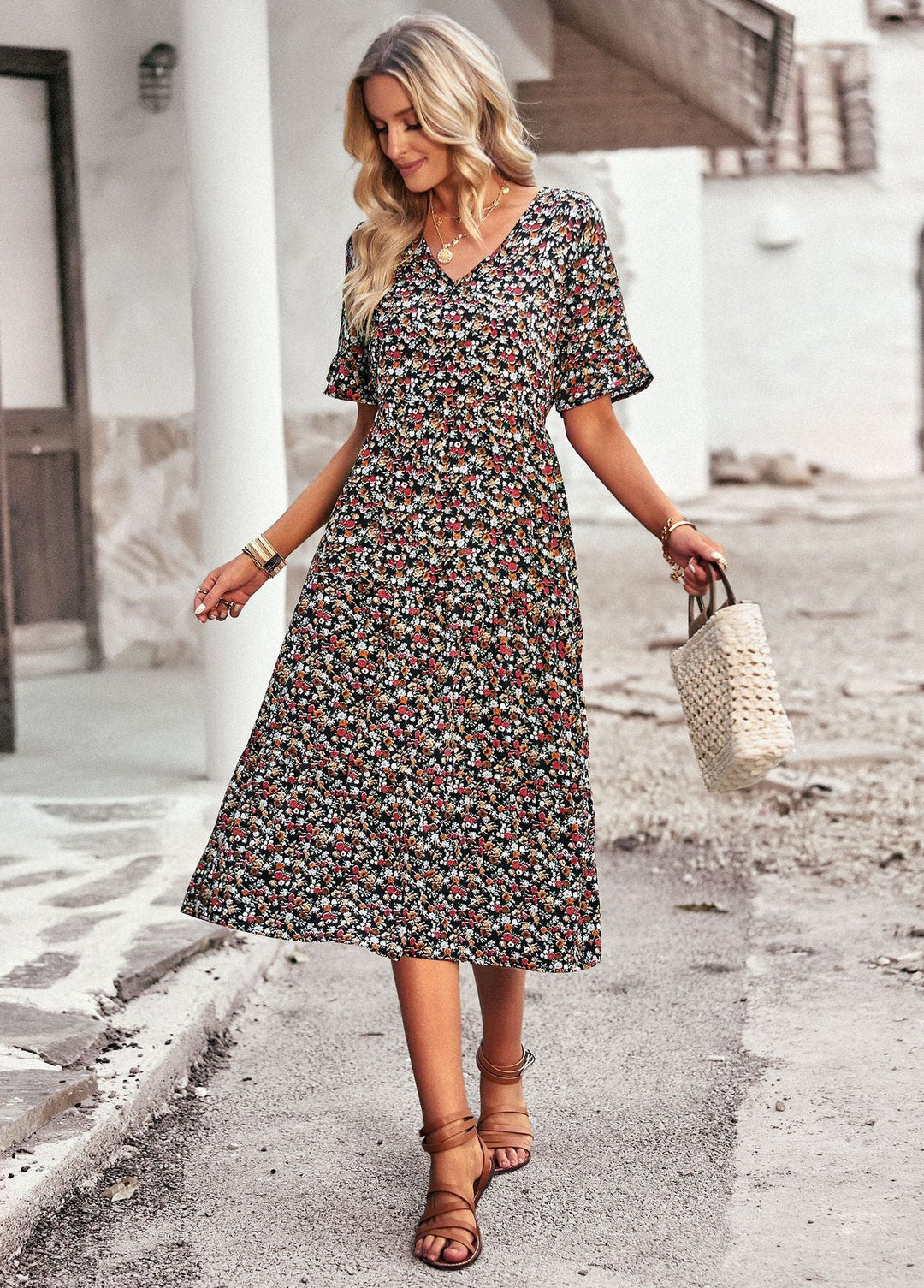 Damen Midi-Kleid mit Floralem Muster und Verspieltem V-Ausschnitt R&B